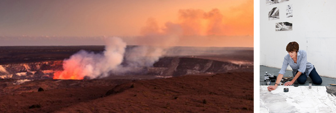 Left: Kilauea caldera at full smoke. Right: Artist Emma Stibbon. Courtesy of National Parks Art Foundation.