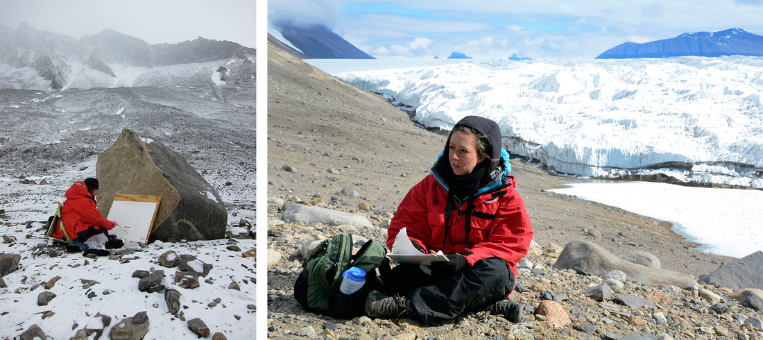 Left: A&W participant Elise Engler paints the landscape at Lake Hoare in the McMurdo Dry Valleys. Courtesy of Elise Engler/ NSF; Right: A&W participant Lily Simonson sketches in the McMurdo Dry Valleys, January 2015. Photo courtesy of Peter Rejeck / NSF.